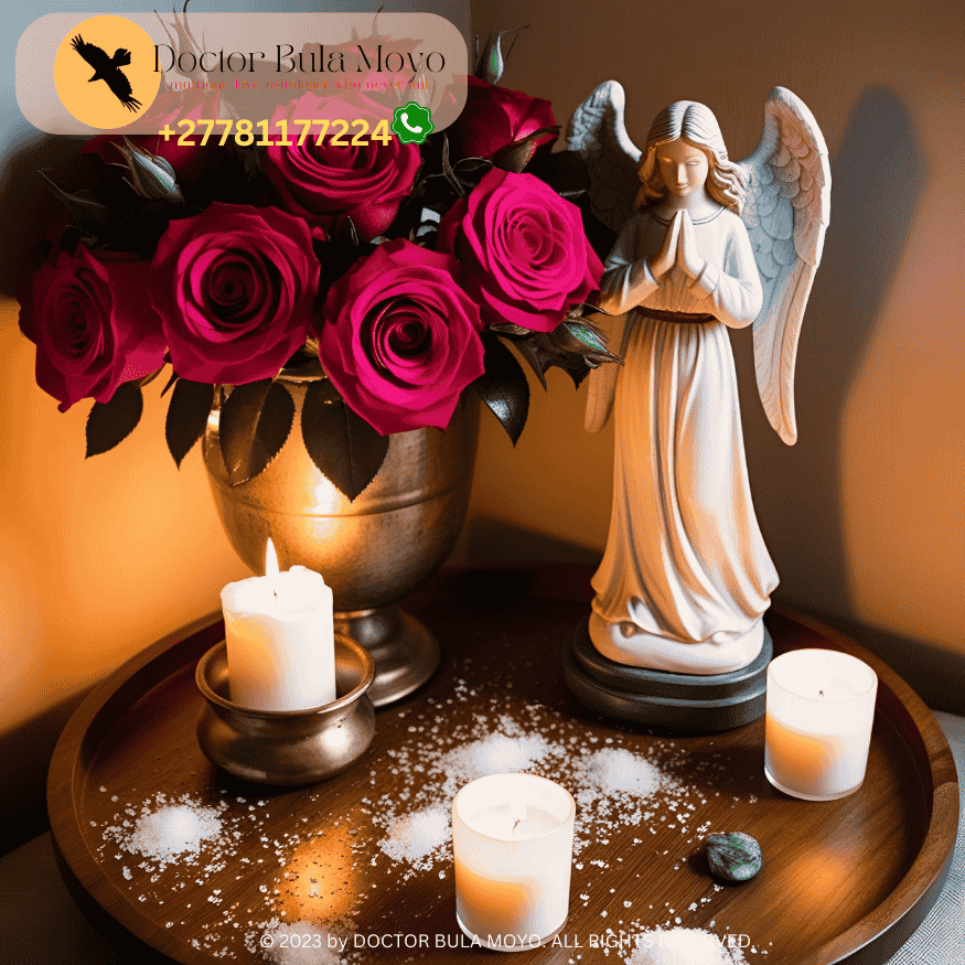 A love protection altar with roses, salt, and guardian angel figurine