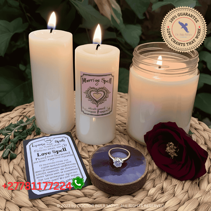 A love spell setup with candles and a ring for marriage proposals. (1)