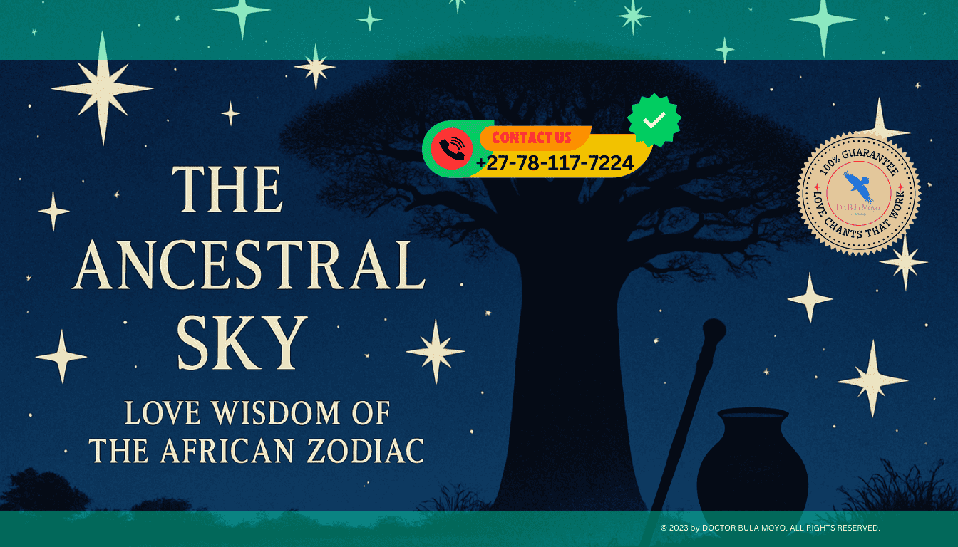 A majestic Baobab tree silhouetted against a deep indigo night sky filled with bright, oversized stars. In the foreground, a traditional clay pot and a wooden staff. (1)