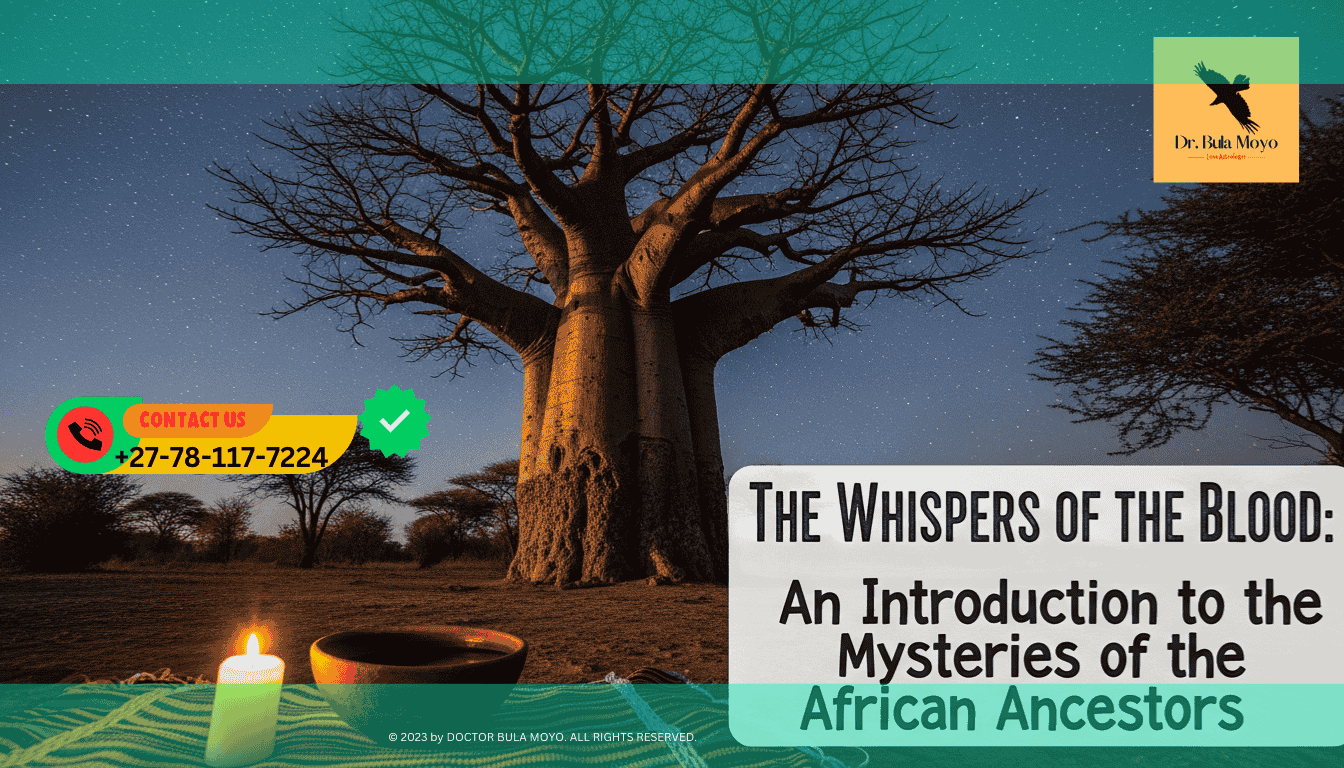 A majestic, ancient Baobab tree under a starlit African sky. At the base of the tree, a small clay bowl of water and a white candle are placed on a piece of traditional woven cloth.