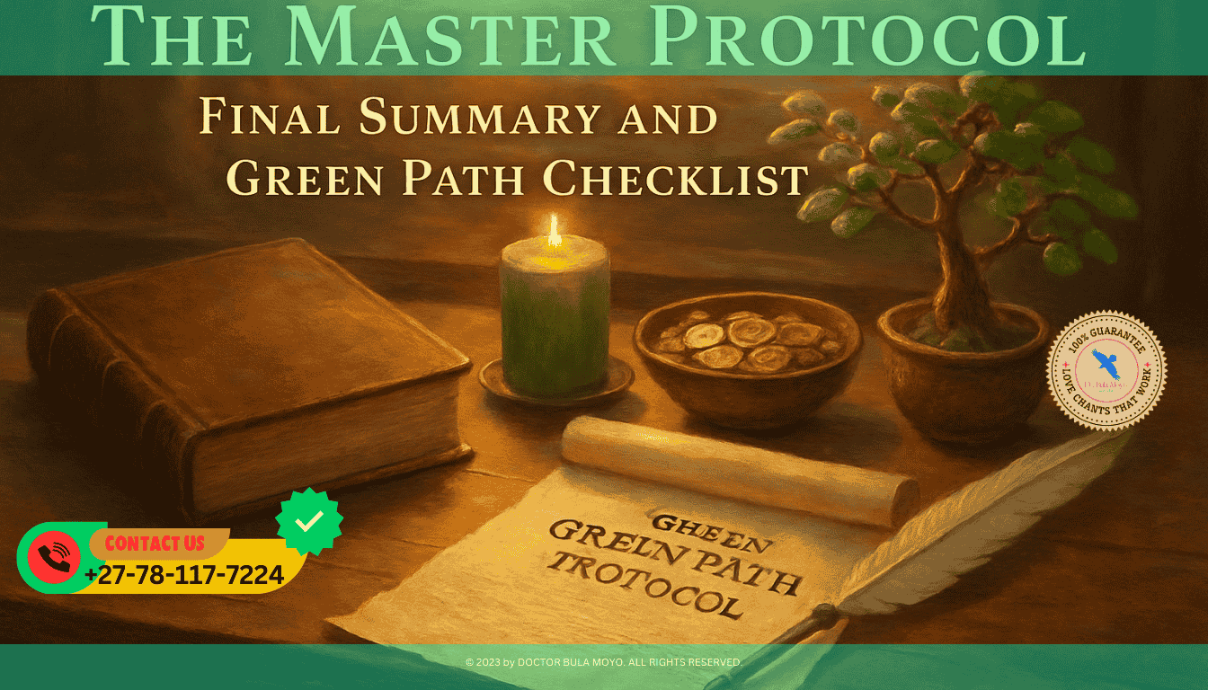 A master’s desk featuring a leather-bound ledger, a green pillar candle, a bowl of gold coins, and a small jade tree. (1)