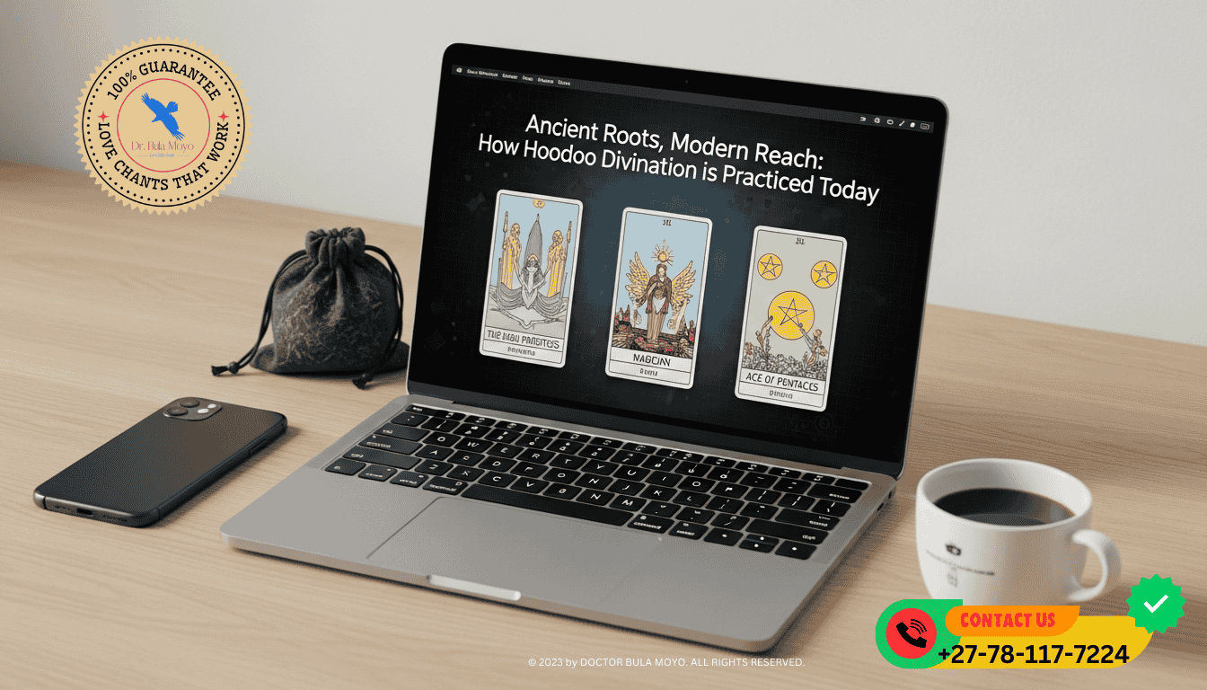 A minimalist, high-end desk featuring a sleek smartphone, a cup of coffee, and a small, discrete bag of mojo herbs hidden behind a laptop. On the screen, a digital tarot spread is visible.