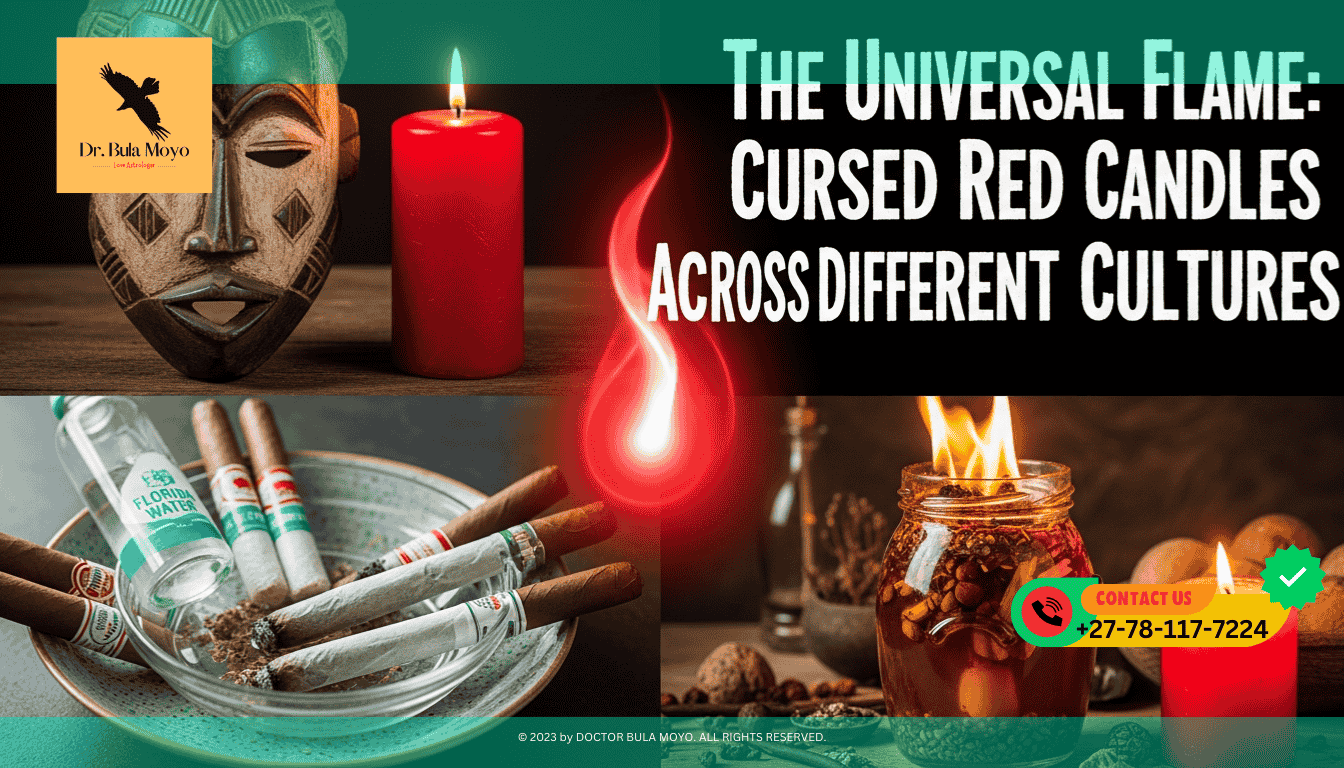 A montage of three ritual scenes A wooden African mask next to a red candle; a dish of Florida Water and cigars from the Caribbean; and a Hoodoo honey.