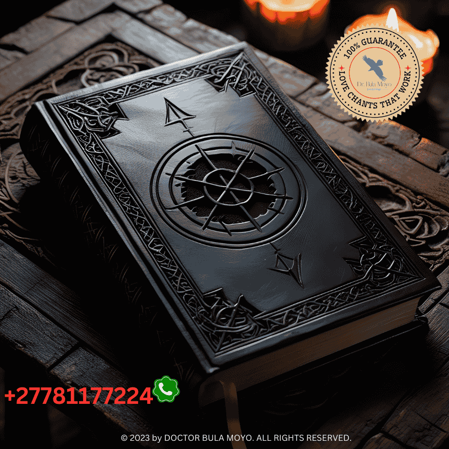 A mystical black magic spell book with dark symbols. (1)