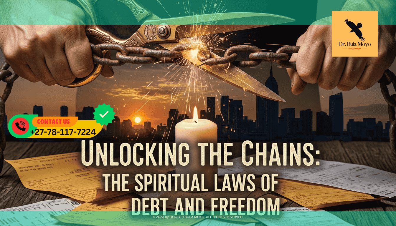 A pair of hands holding a thick, rusted chain that is being cut by a golden pair of shears. Scattered on the table below are old invoices and a single white candle.