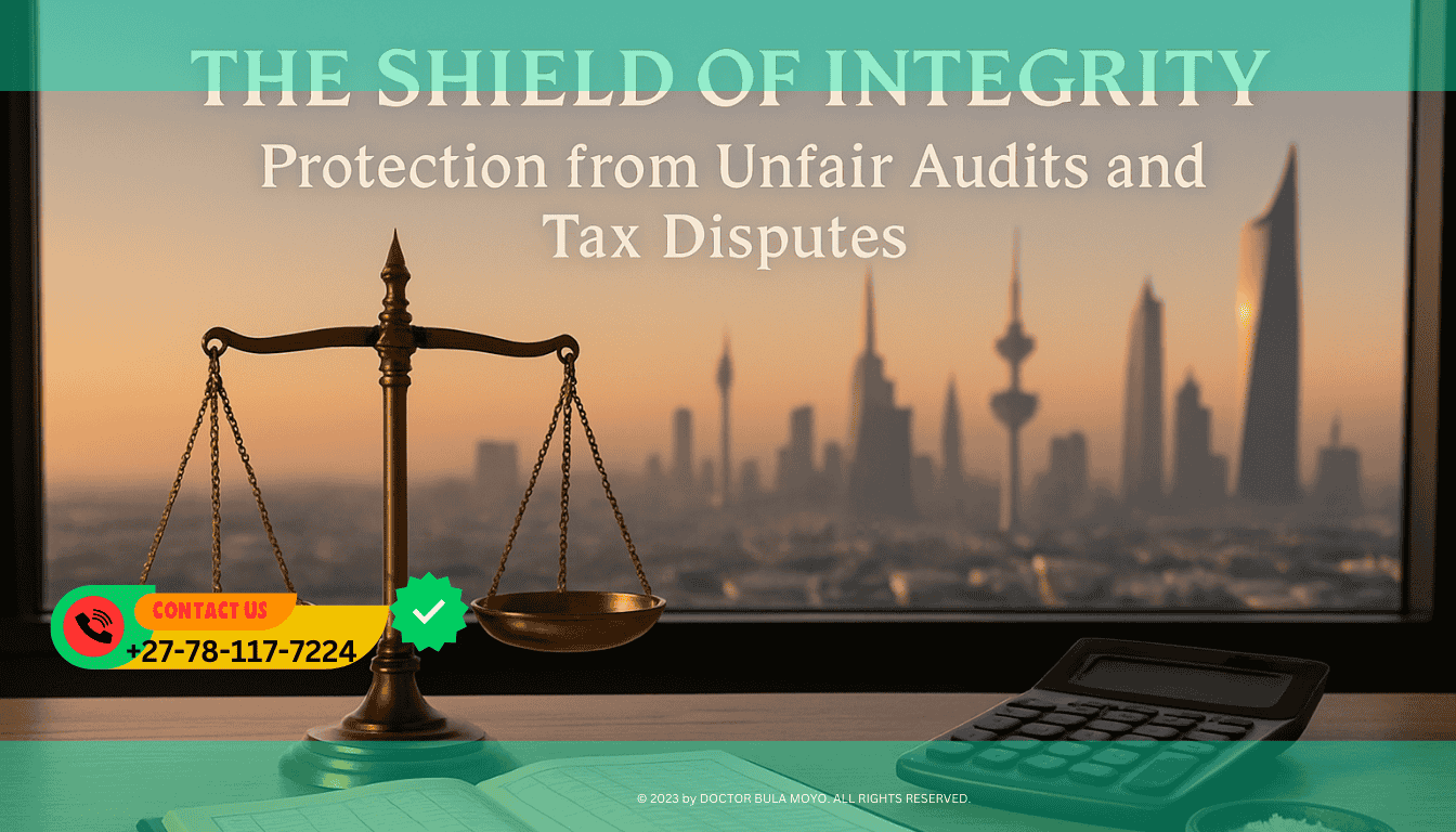 A professional setting featuring a set of balanced brass scales next to a ledger and a high-end calculator. A small bowl of sea salt and a Tiger’s Eye crystal sit discreetly in the corner.