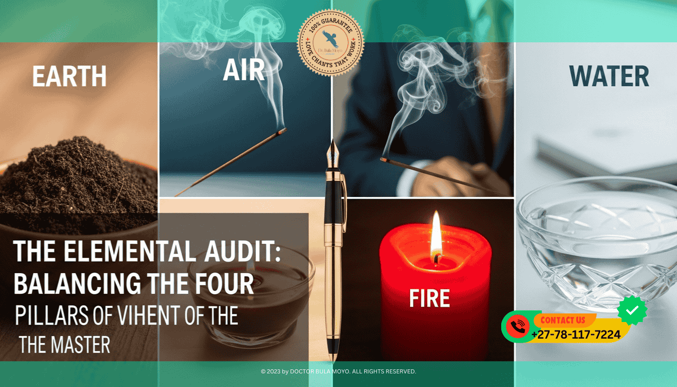 A professional workspace divided into four quadrants. One quadrant shows a bowl of rich soil (Earth), the second a burning incense stick (Air), the third a red candle (Fire)