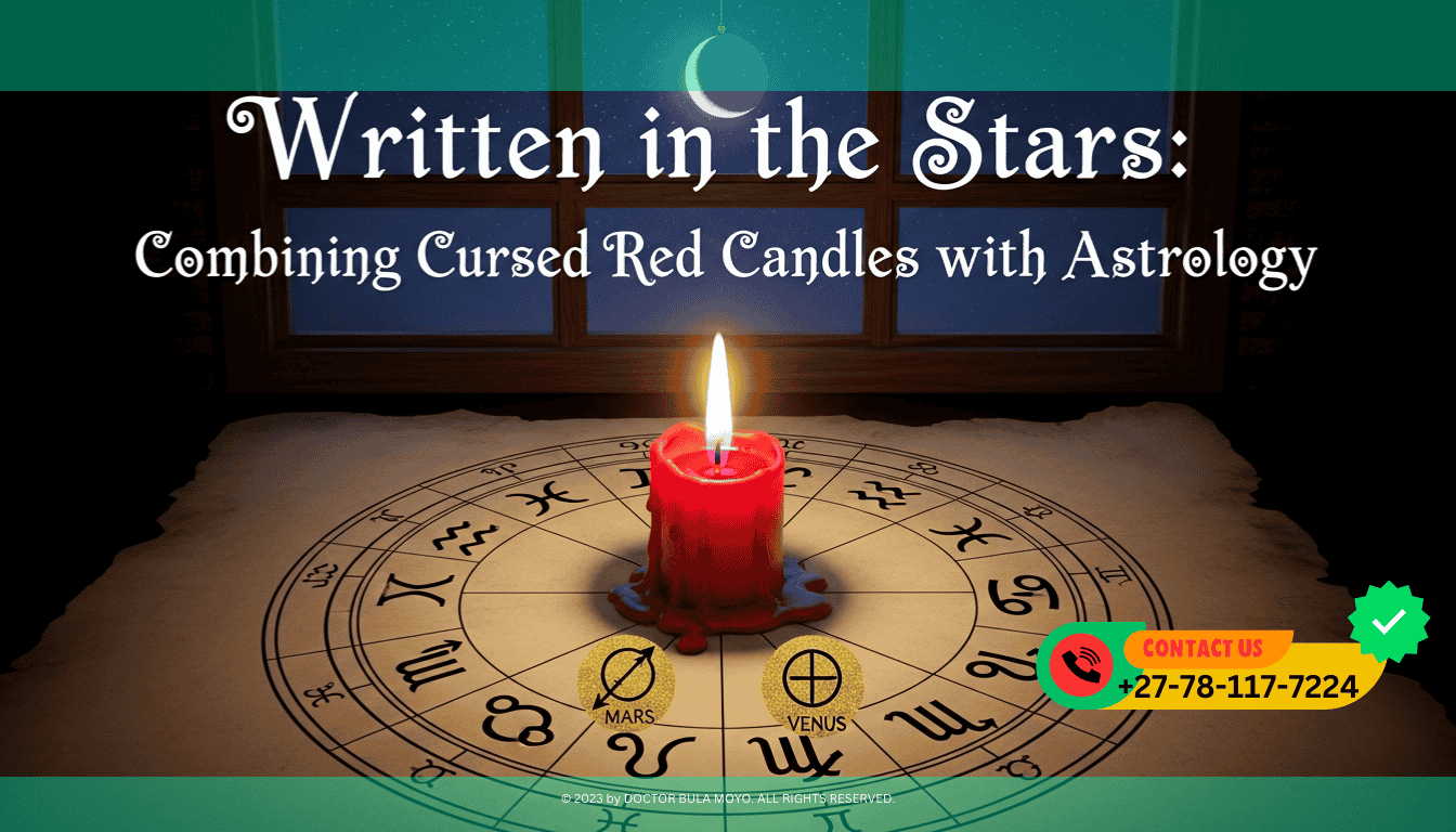 A red candle burning in the center of a hand-drawn astrological wheel on parchment paper. The symbols for Mars and Venus are highlighted in gold ink.