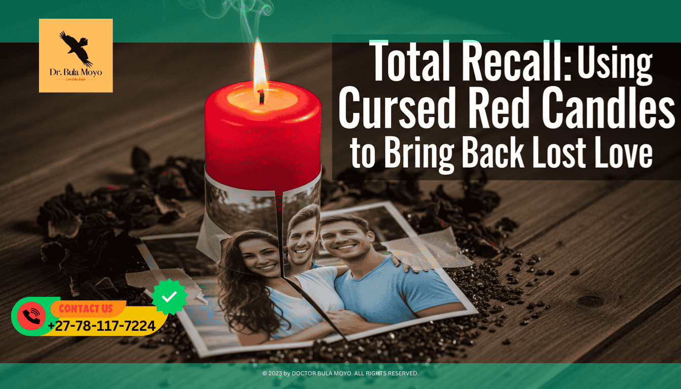 A red candle burning on a dark wooden table. Underneath the candle is a photograph of a couple, but the photo has been cut in half and then taped back together.-1