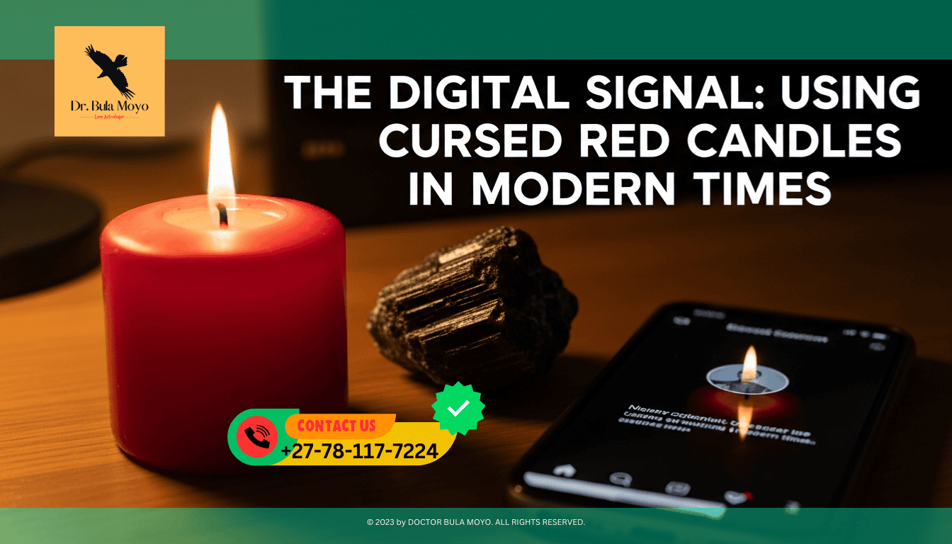 A red candle burning on a desk. Next to it, a smartphone displays a blurred social media profile. The reflection of the candle flame is perfectly centered on the phone screen.