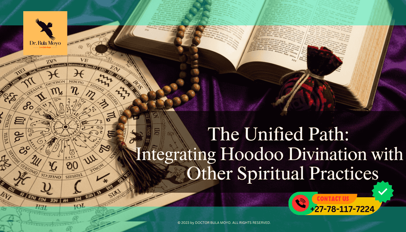 A rich, layered image of an open Bible, a circular Zodiac chart, and a Hoodoo mojo bag resting together on a purple velvet cloth. A string of prayer beads drapes across the scene.