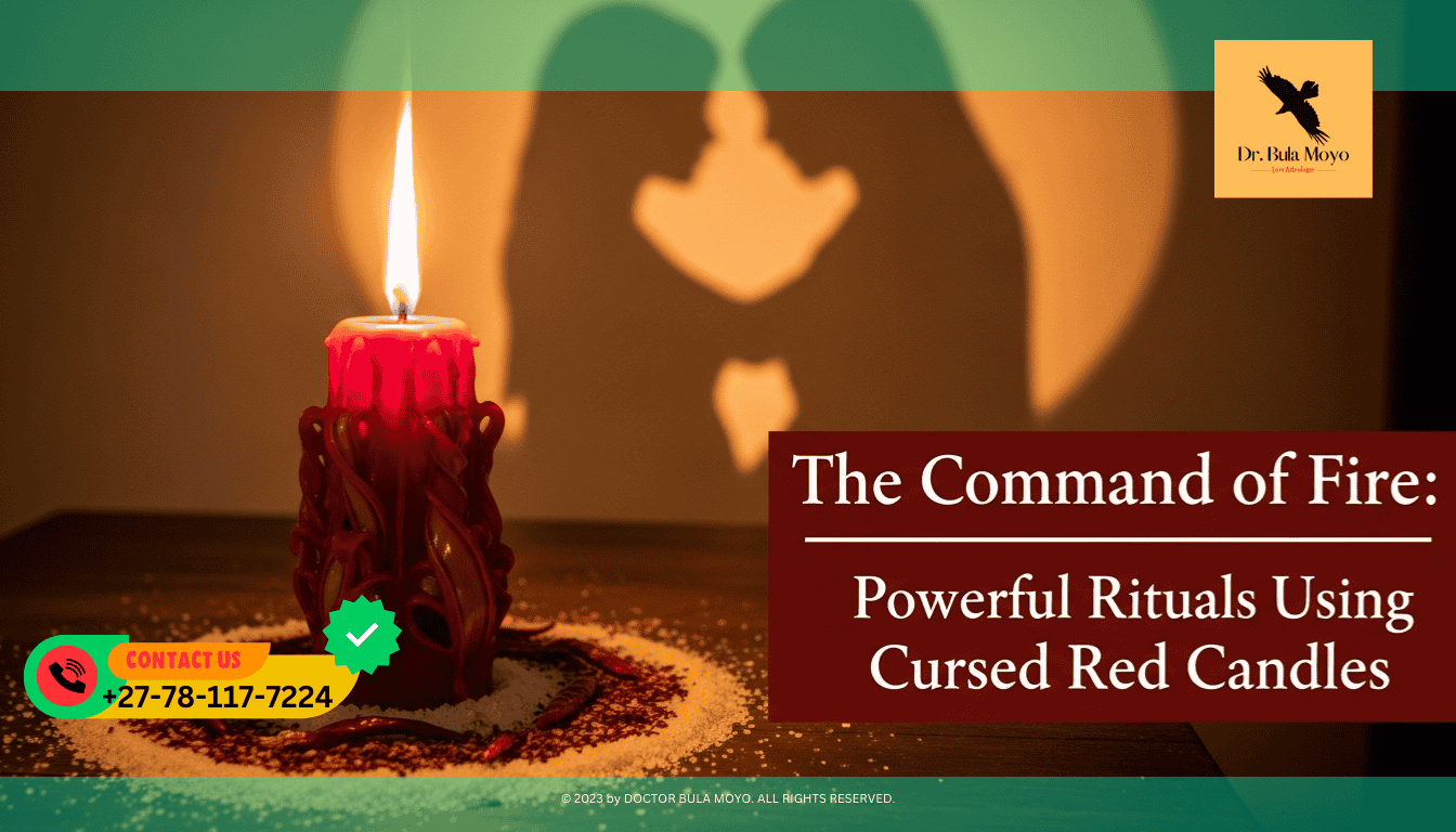 A ritual altar in a dimly lit room. A thick, carved red candle is burning with a tall, steady flame. Around the base of the candle is a circle of salt mixed with red chili flakes.