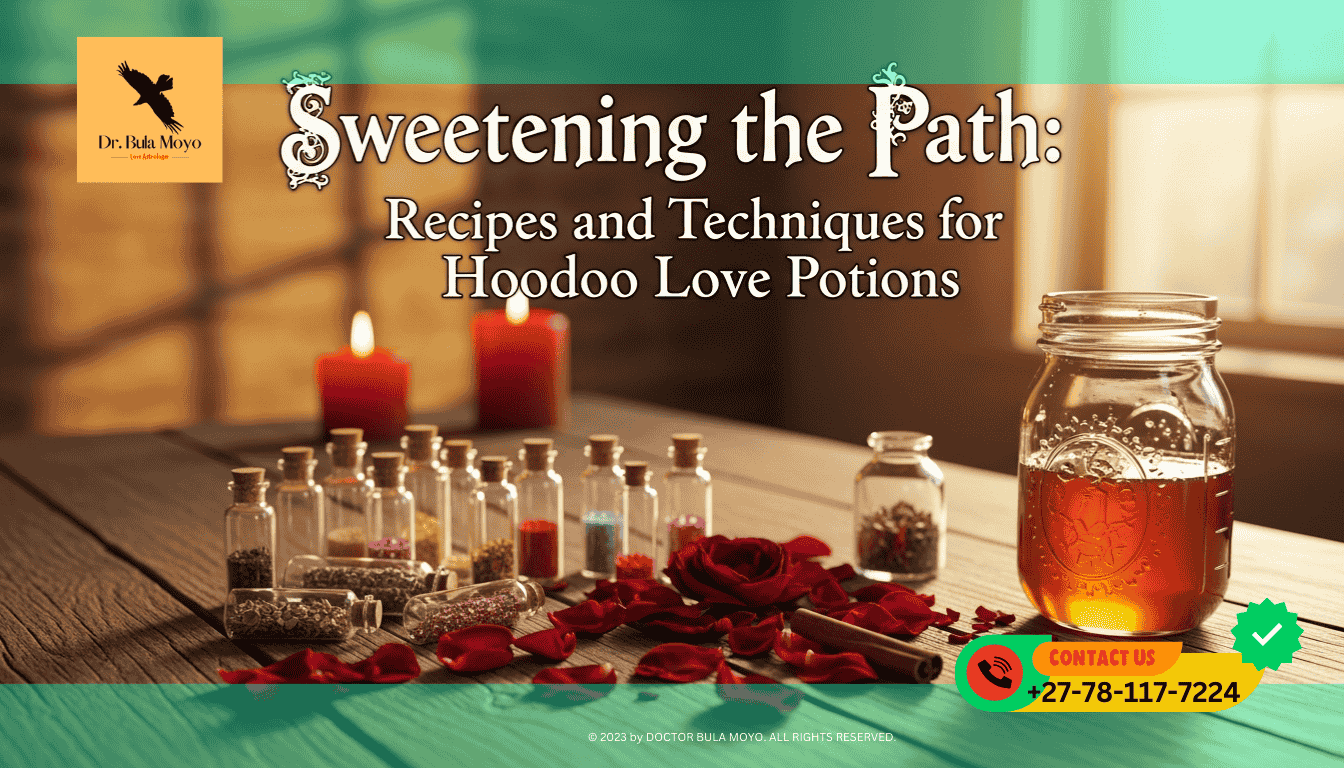 A rustic wooden kitchen table with small glass vials, a jar of golden honey, dried rose petals, and a stick of cinnamon. A red candle burns in the background. The scene is warm and inviting.