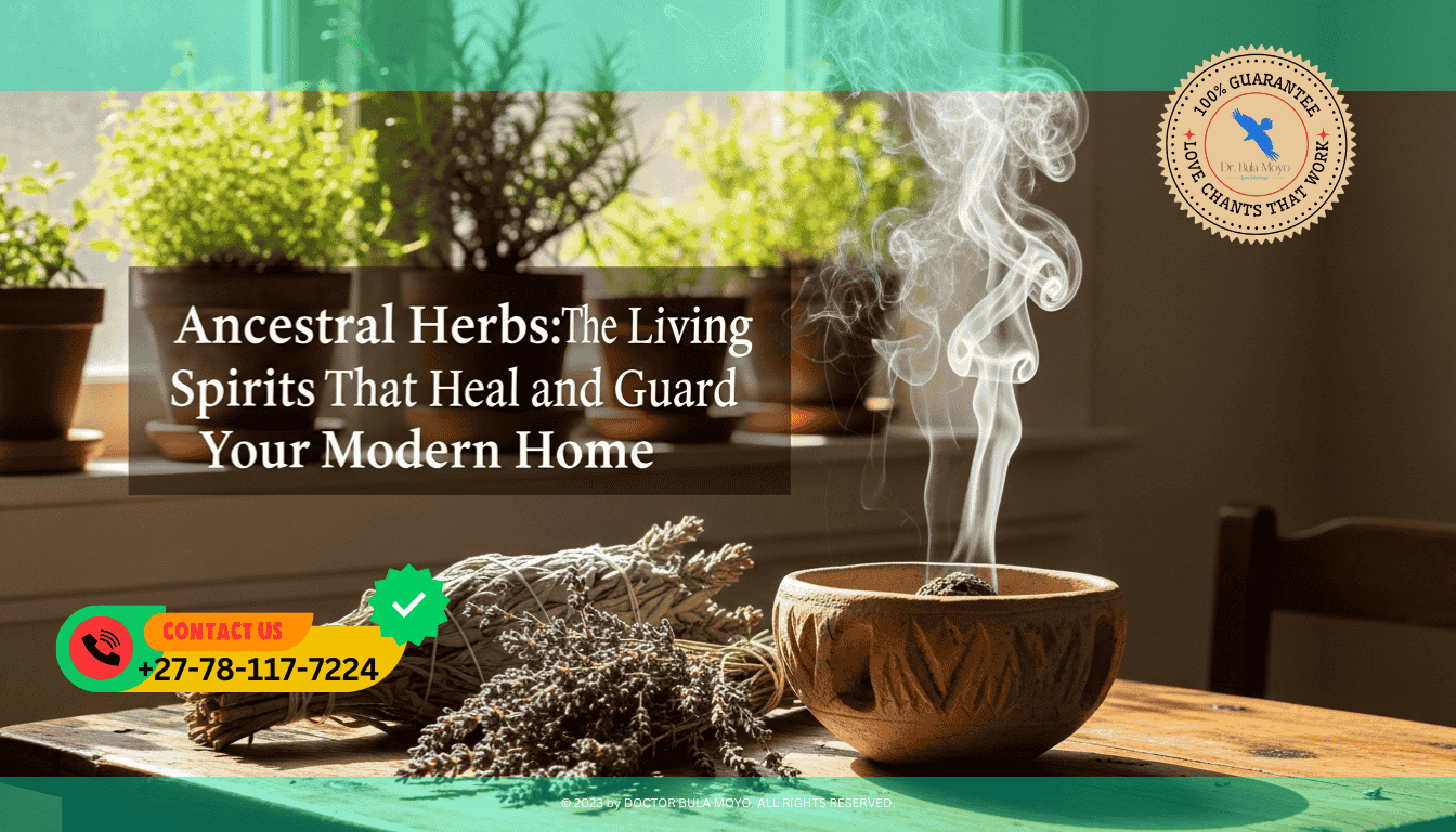 A rustic wooden table holding bundles of dried sage, wild lavender, and a clay bowl of smoldering Imphepho. Sunlight is streaming through a window, illuminating the smoke as it rises.