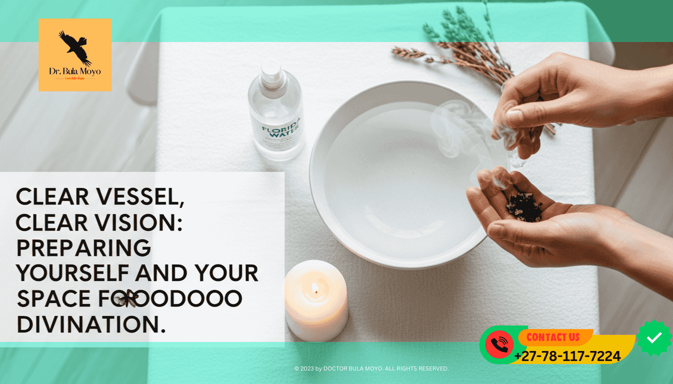 A serene, top-down view of a small table covered in a clean white cloth. On it sits a bowl of clear water, a lit white candle, and a spray bottle of Florida Water.