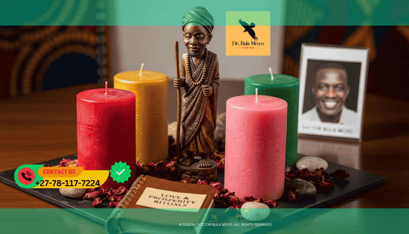 A set of red, pink, green, and gold candles arranged in a square for a love and prosperity ritual guided by Doctor Bula Moyo.