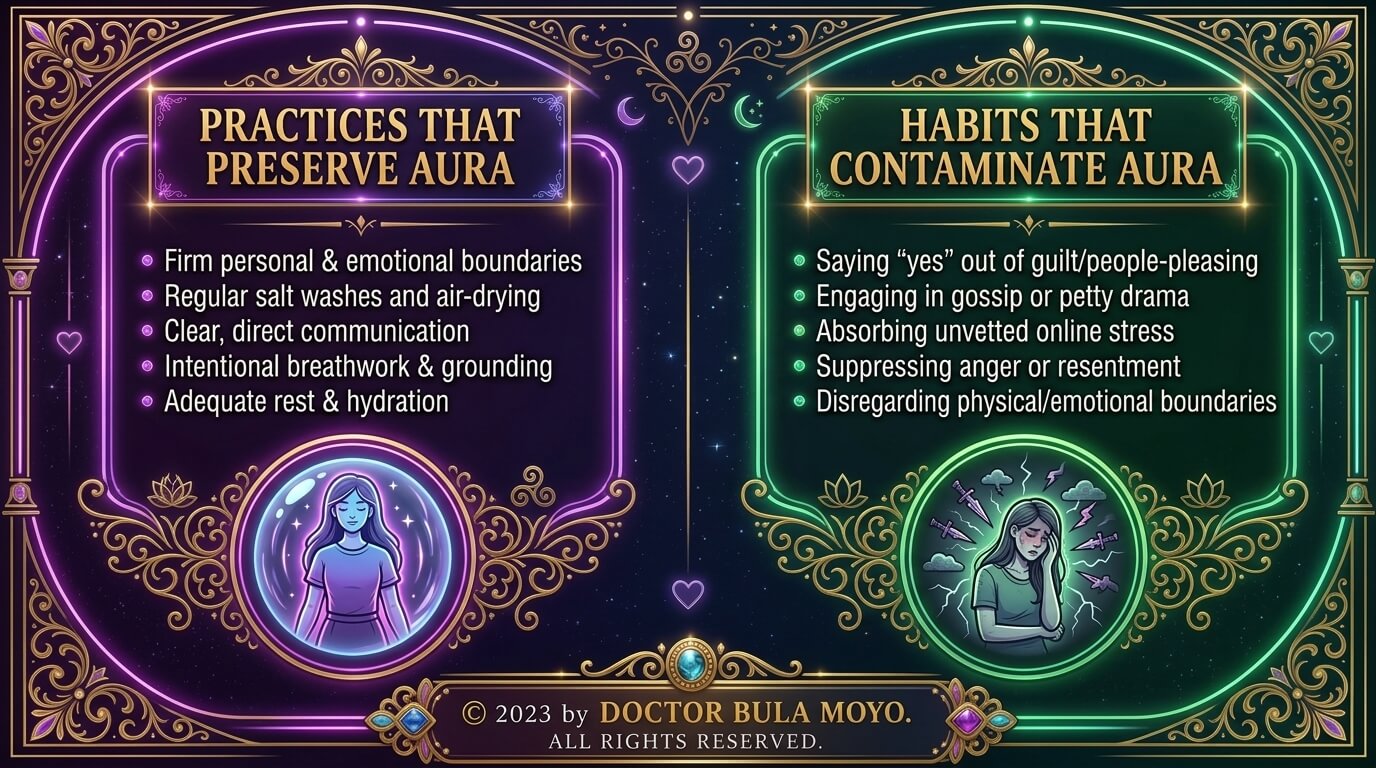 A side-by-side comparison infographic contrasting Practices That Preserve Aura with Habits That Contaminate Aura