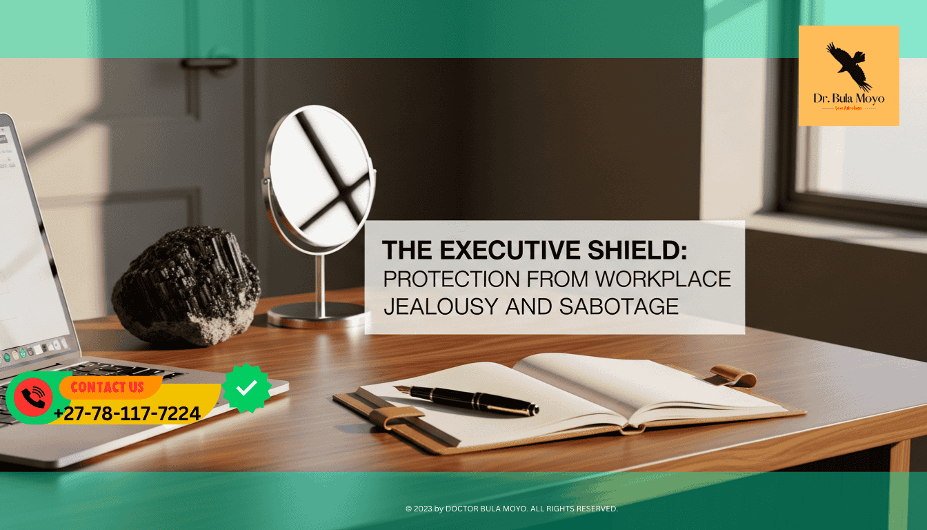 A sleek, modern executive desk with a high-end fountain pen and a leather-bound planner. Discreetly tucked behind a computer monitor is a piece of Black Tourmaline and a small, silver mirror.