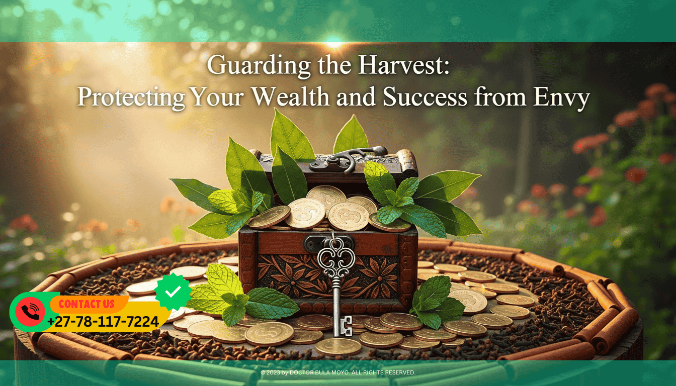 A small wooden chest filled with golden coins and green leaves, surrounded by a protective circle of cinnamon sticks and cloves. A silver key lies on top of the chest.