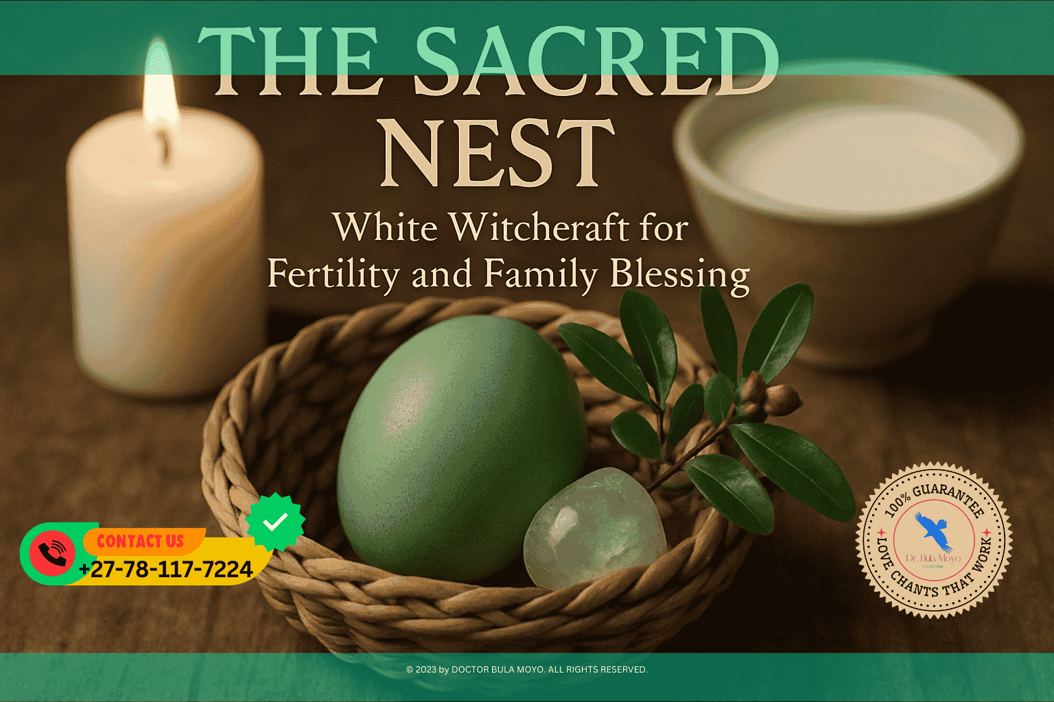 A small, hand-woven basket containing a single green egg, a sprig of fresh pomegranate, and a piece of Moonstone. In the background, a white candle burns softly next to a bowl of fresh milk. (1)
