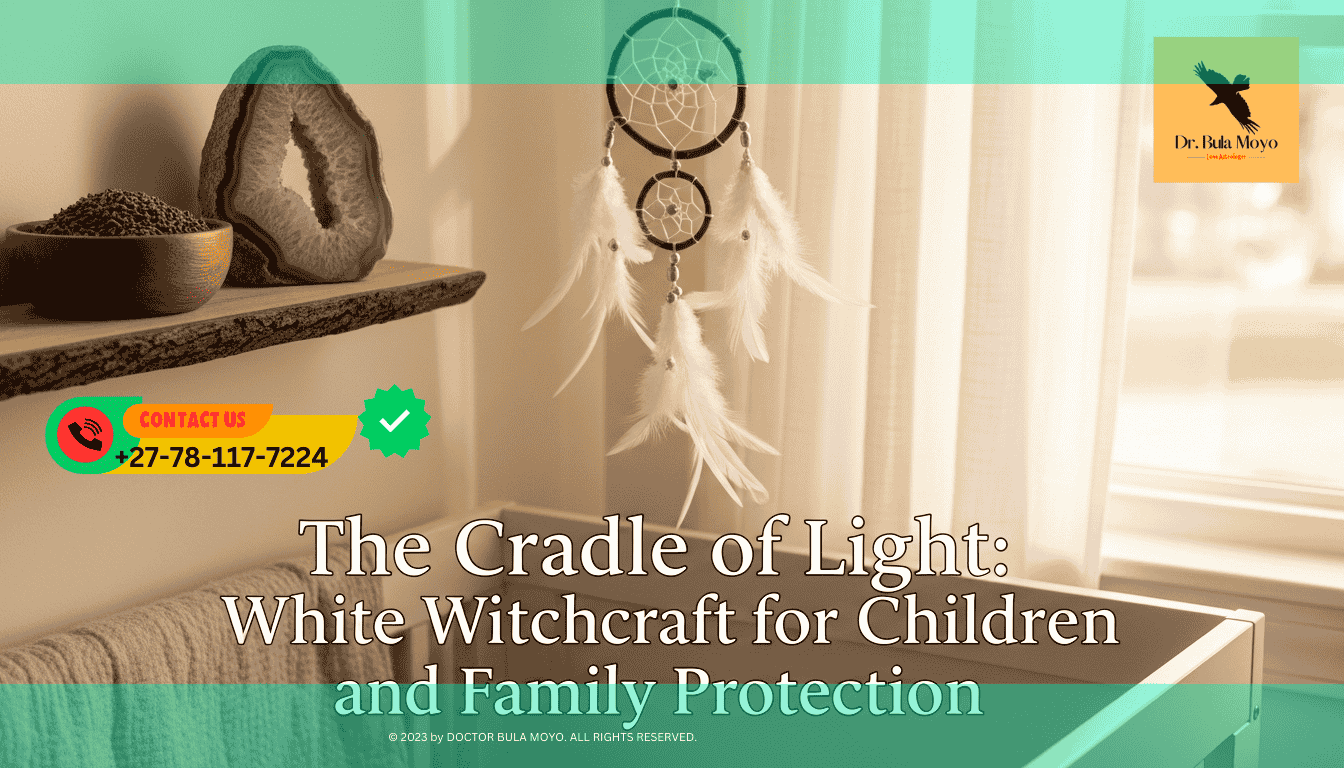A soft, warm-lit scene of a childs nursery. A small, handcrafted Dreamcatcher made of willow and white feathers hangs near a window.