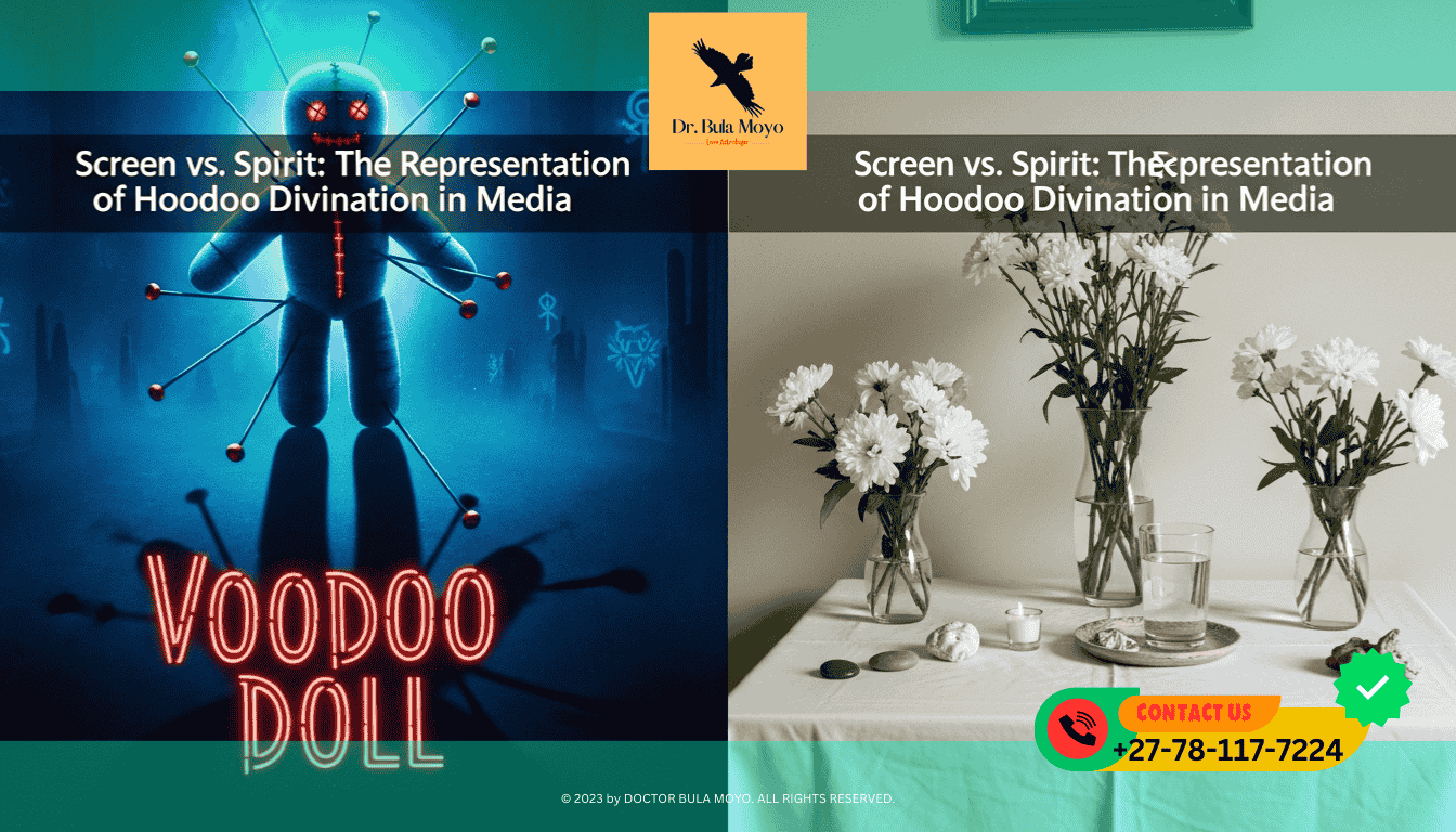 A split-screen design. On one side, a neon-lit, stylized movie poster of a voodoo doll with pins. On the other side, a realistic, peaceful photo of a traditional ancestor altar with white flowers