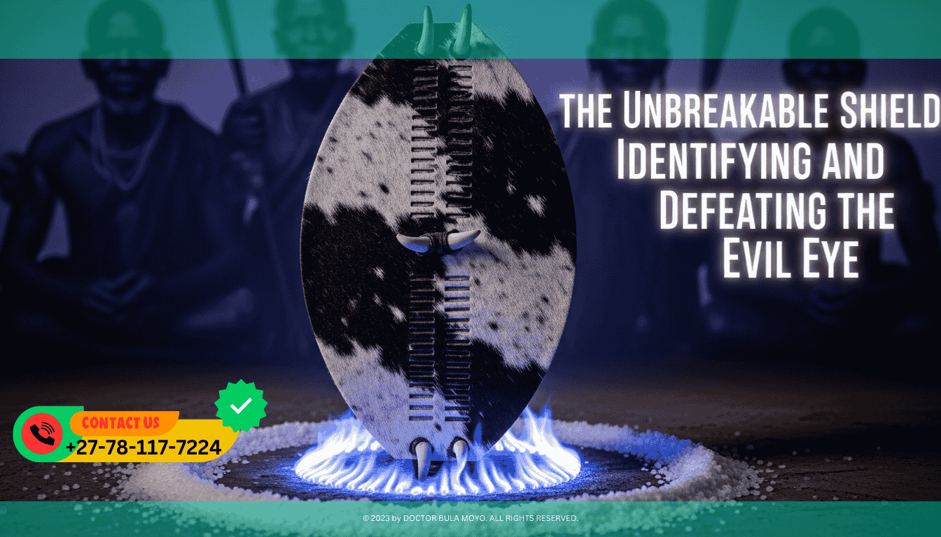 A traditional shield (Isihlangu) made of black and white cowhide, standing upright. Around it, a circle of white sea salt and a glowing ring of blue fire.