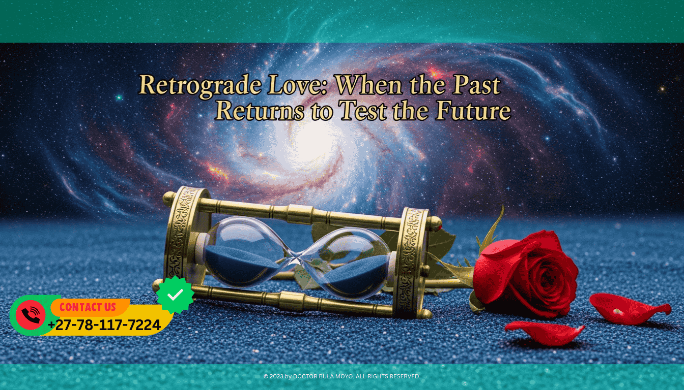A vintage hourglass lying on its side on a bed of dark blue sand. A single red rose is beginning to bloom backward into a bud. In the background, a swirling starry nebula.