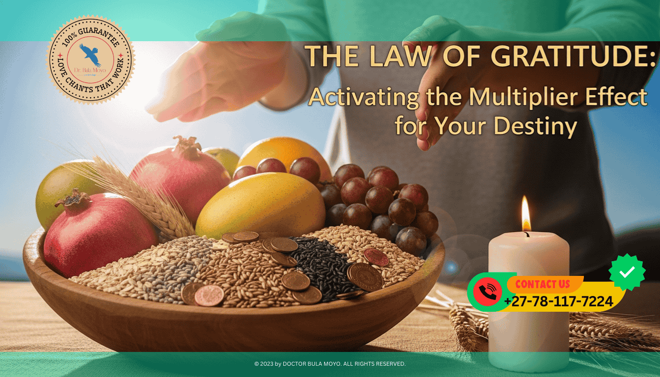 A wooden bowl overflowing with ripe fruit, grains, and copper coins. A single white candle burns brightly beside the bowl. A person’s hands are held over the bowl in a gesture of blessing.