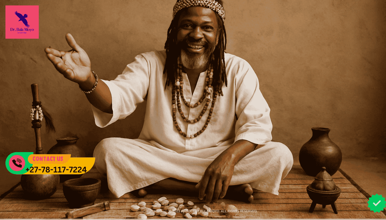 African Spiritual healer Dr. Moyo sitting at his mat, welcoming What to expect in a traditional healer consultation with Dr. Bula Moyo. (1)