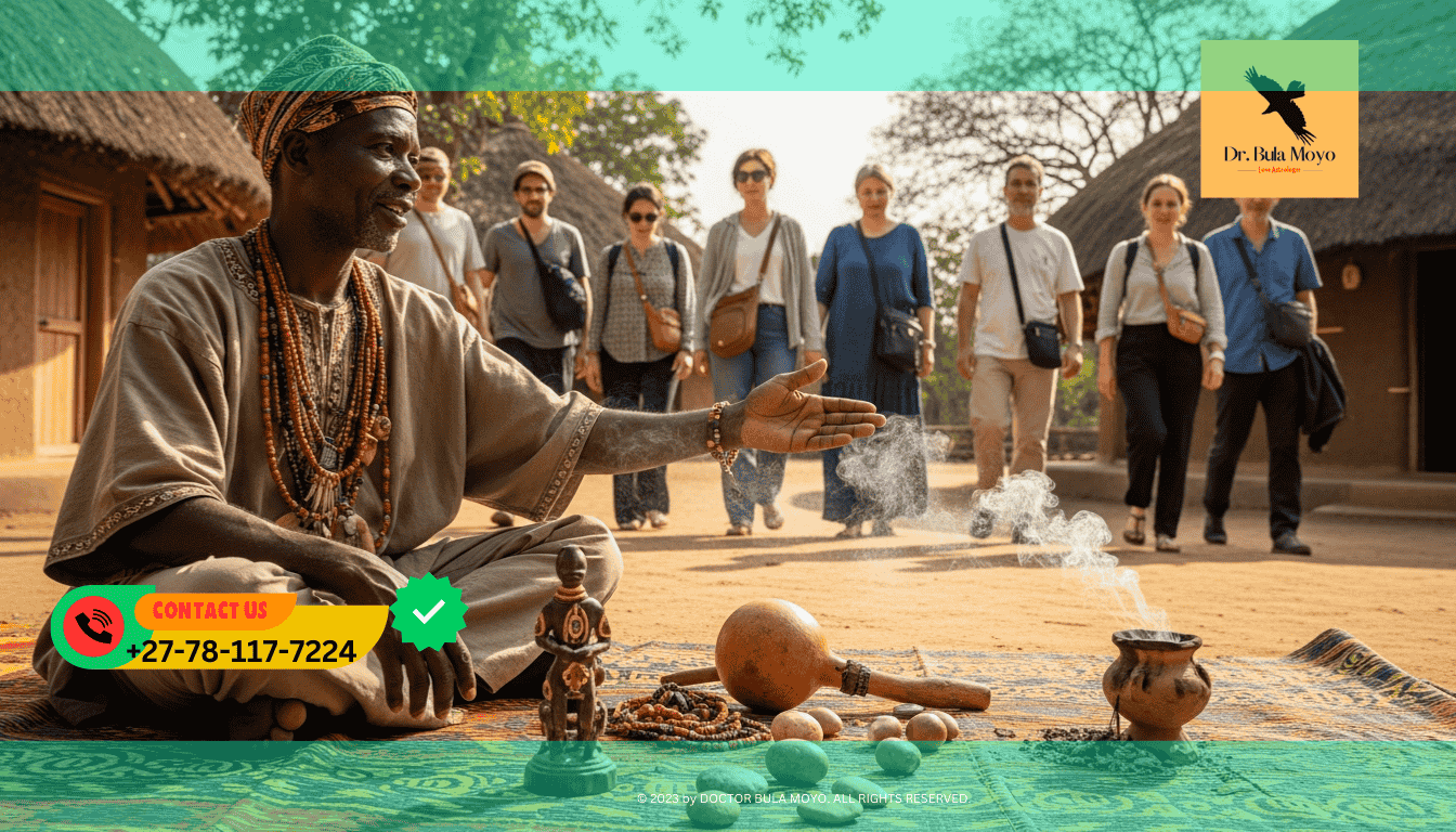 African Spiritual healer Dr. Moyo sitting at his mat, welcoming What to expect in a traditional healer consultation with Dr. Bula Moyo.