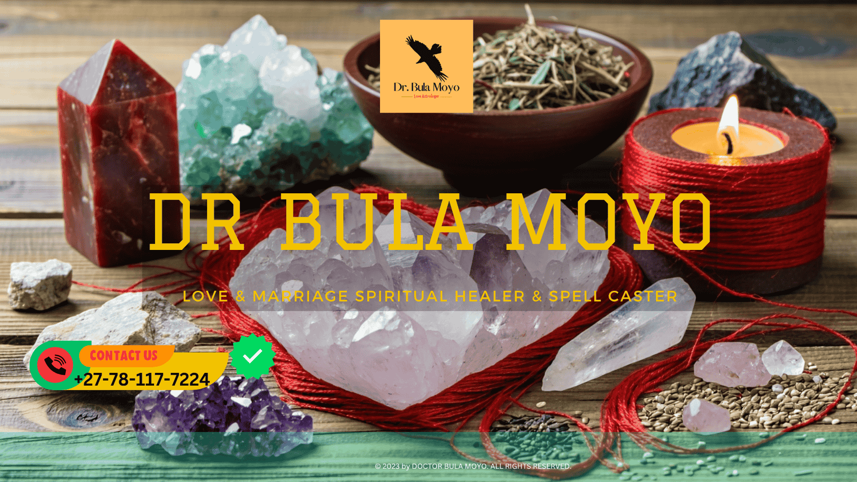 An assortment of crystals, herbs, and red thread prepared for a love amulet ritual.