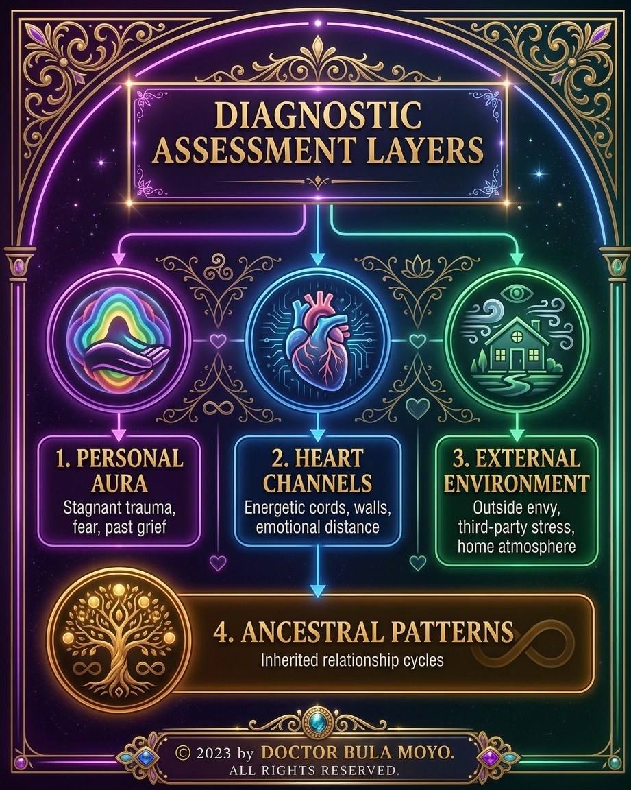 An infographic titled Diagnostic Assessment Layers detailing a 4-layer framework Personal Aura, Heart Channels, External Environment, and Ancestral Patterns