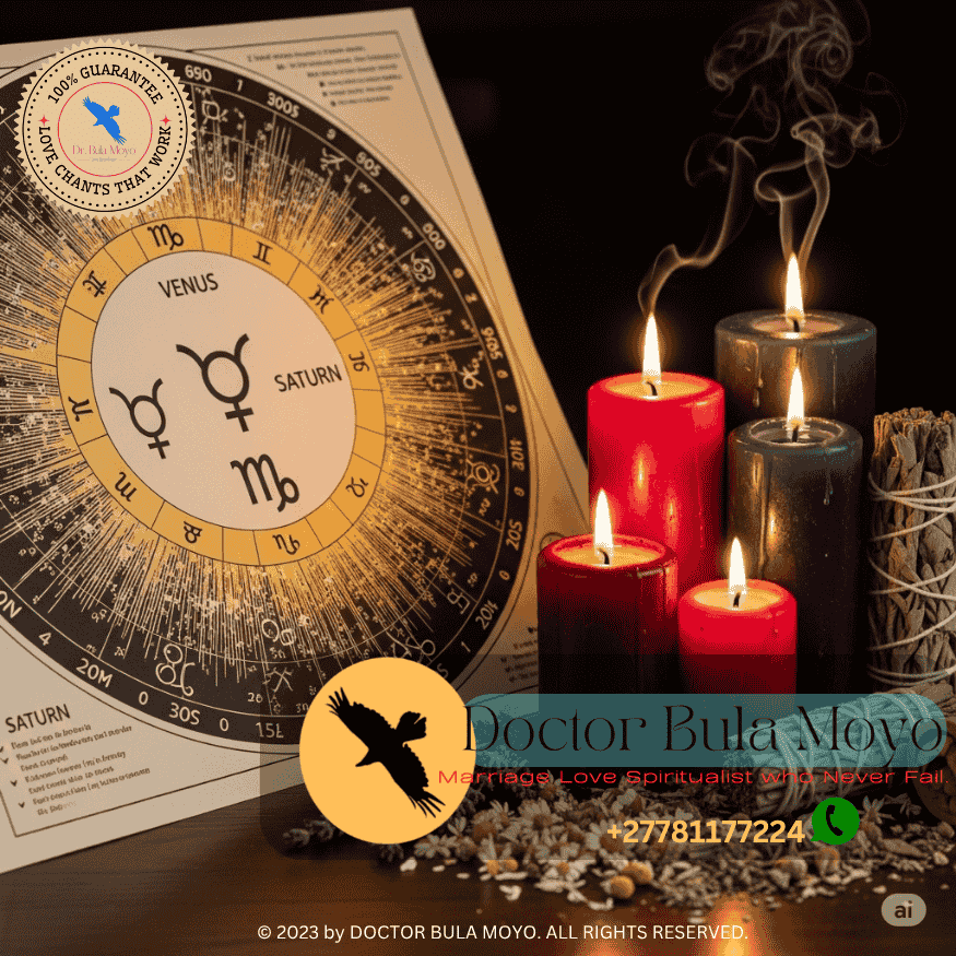 Astrology chart marked with Venus and Saturn symbols alongside ritual candles and healing herbs.