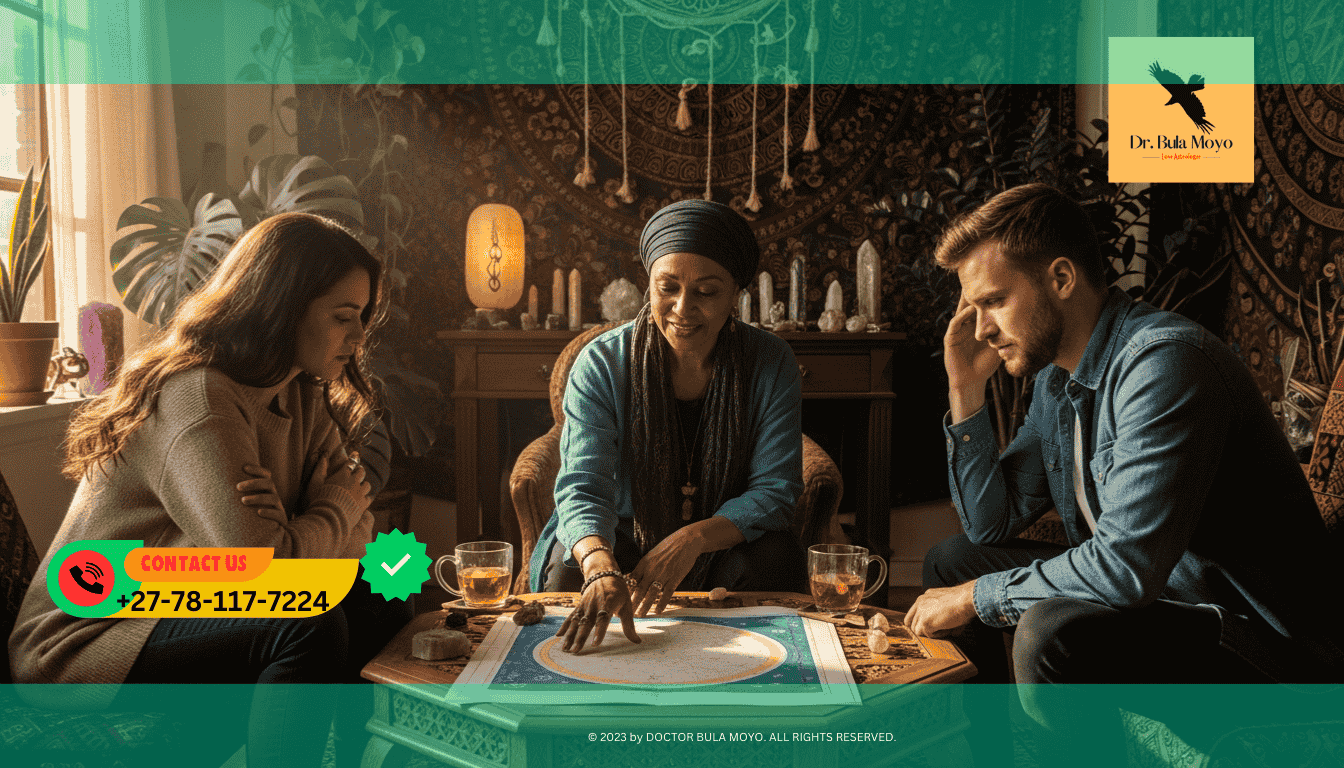 Couple fighting due to bad astrological compatibility, seeking spiritual advice from Dr. Bula Moyo.