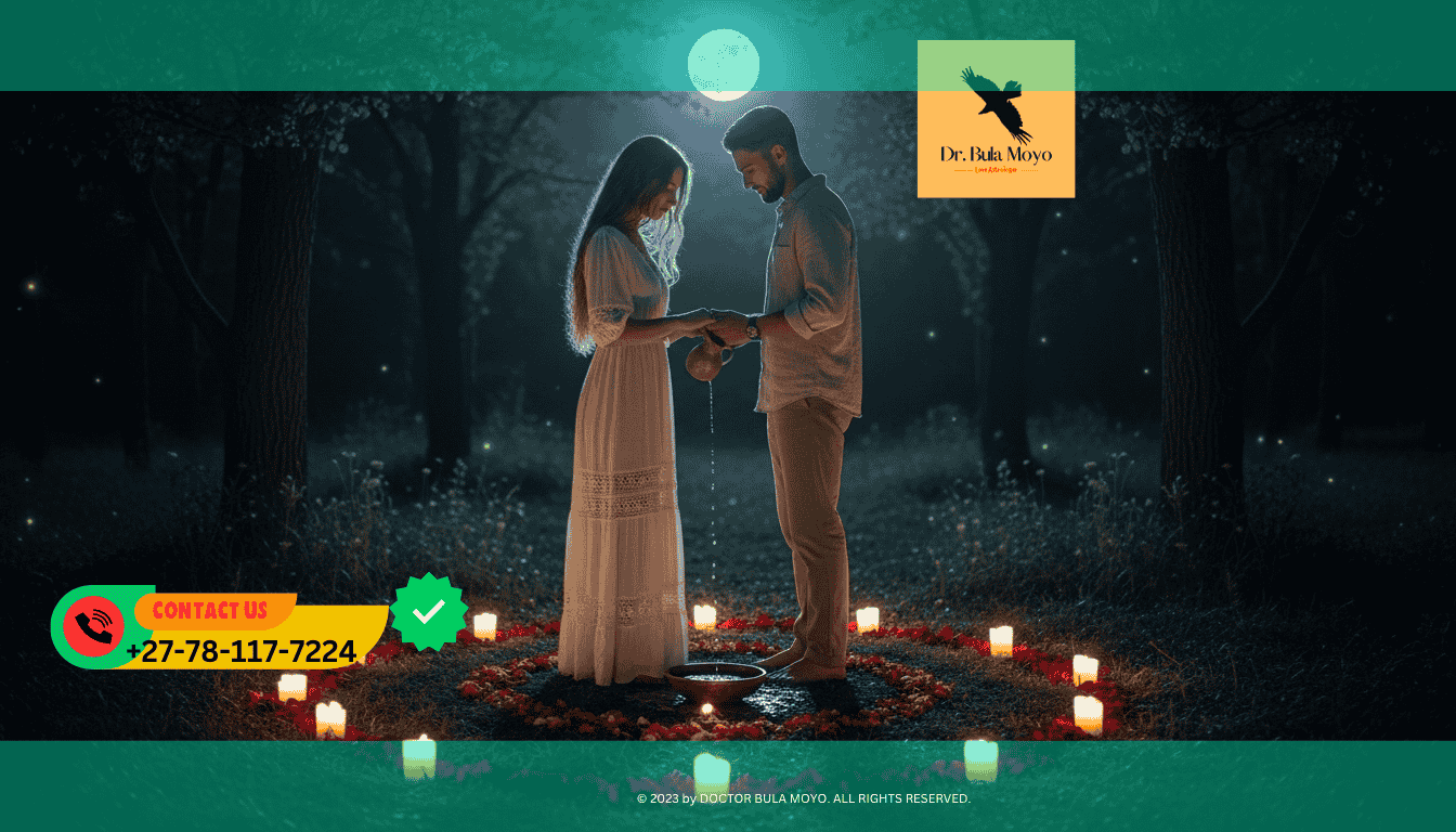 Couple performing full moon love ritual with candles, rose petals, and sacred water under moonlight.