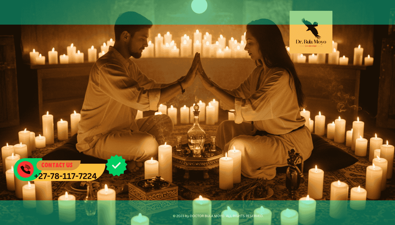 Couple surrounded by glowing candles during a sexual attraction spell ritual