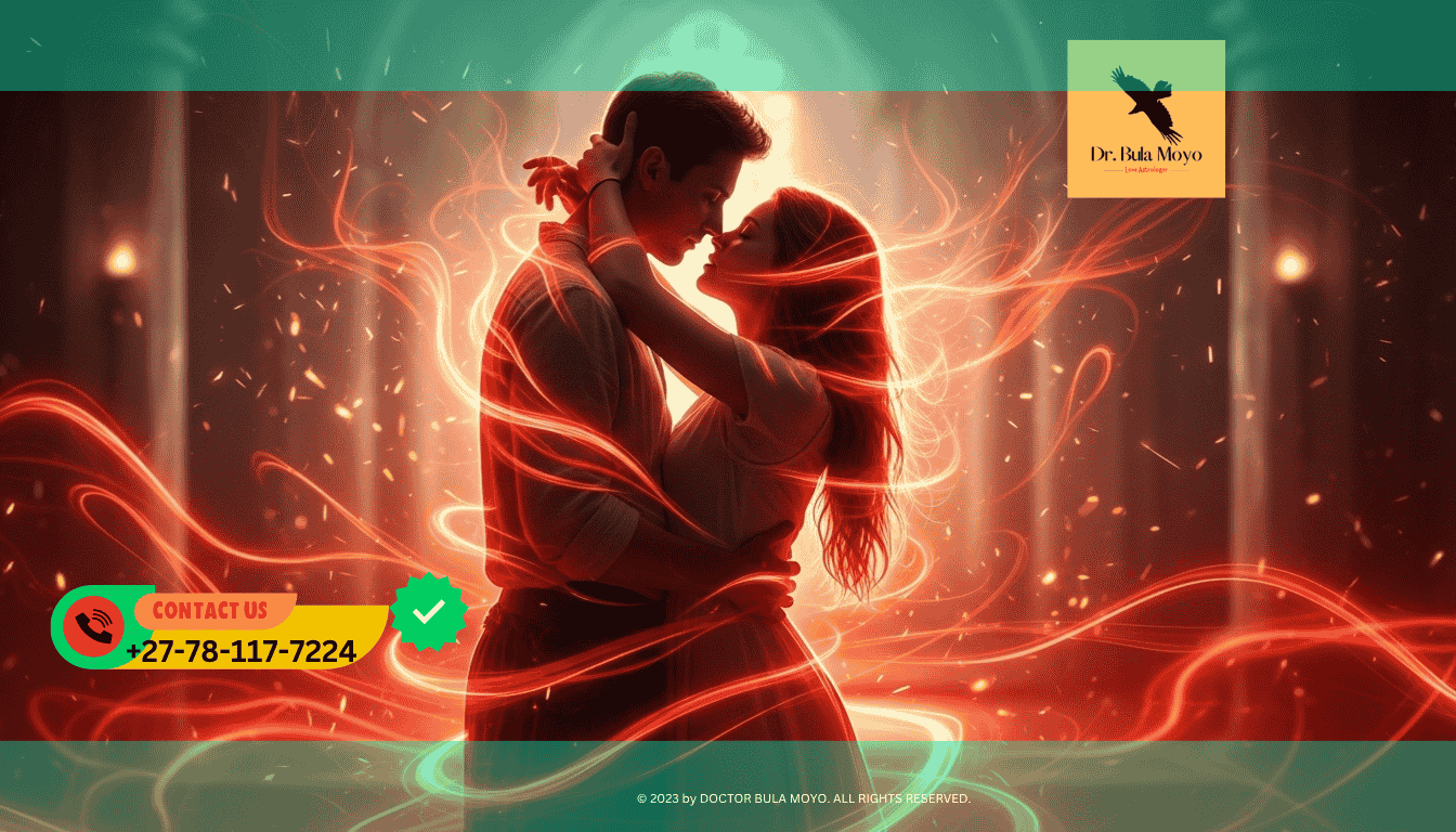 Couple surrounded by glowing red energy representing passion spell power