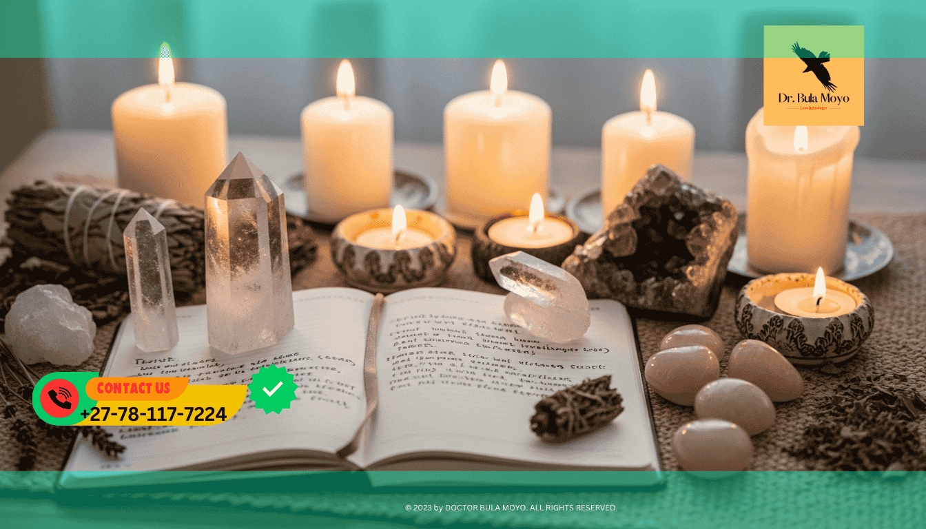 Crystals, candles, and journal arranged for daily aura cleansing and positive energy practices.