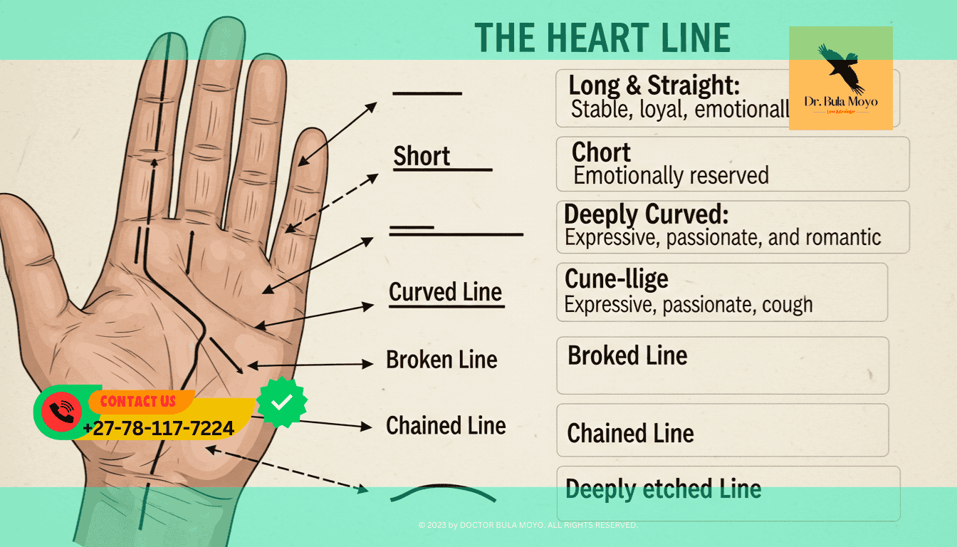 Diagram showing different shapes of the heart line in palmistry and their meanings. (1)