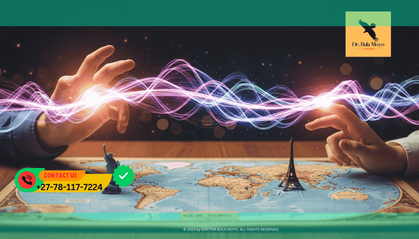 Distance love healing energy connecting two lovers across different countries on a map.