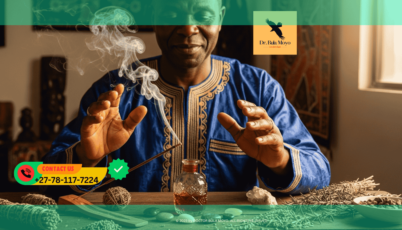 Doctor Bula Moyo blessing a custom love perfume blend infused with African herbs and moon-charged oils.