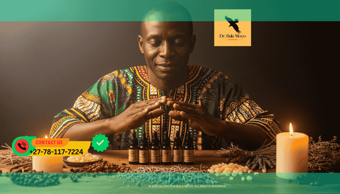 Doctor Bula Moyo blessing handmade passion oils under candlelight and sacred herbs for sensual energy