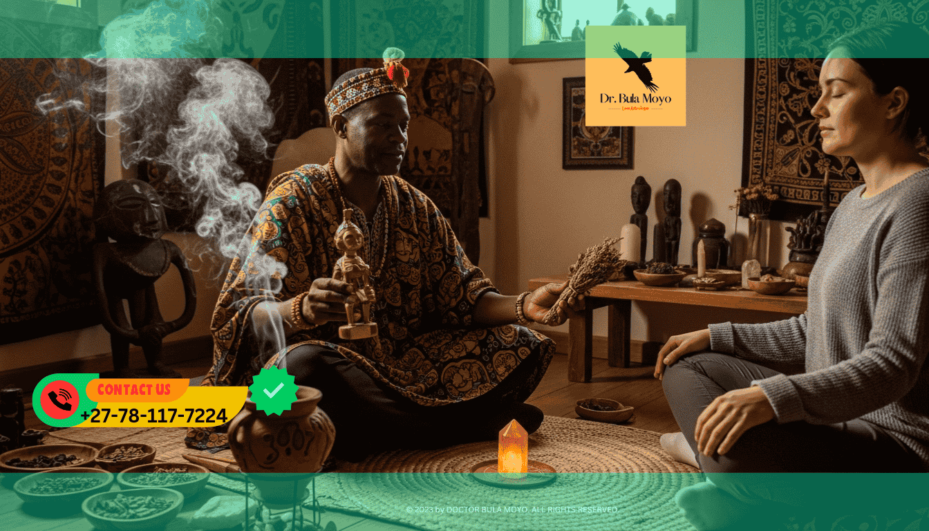 Doctor Bula Moyo guiding a client through a sacral chakra cleansing ritual for sexual confidence restoration.