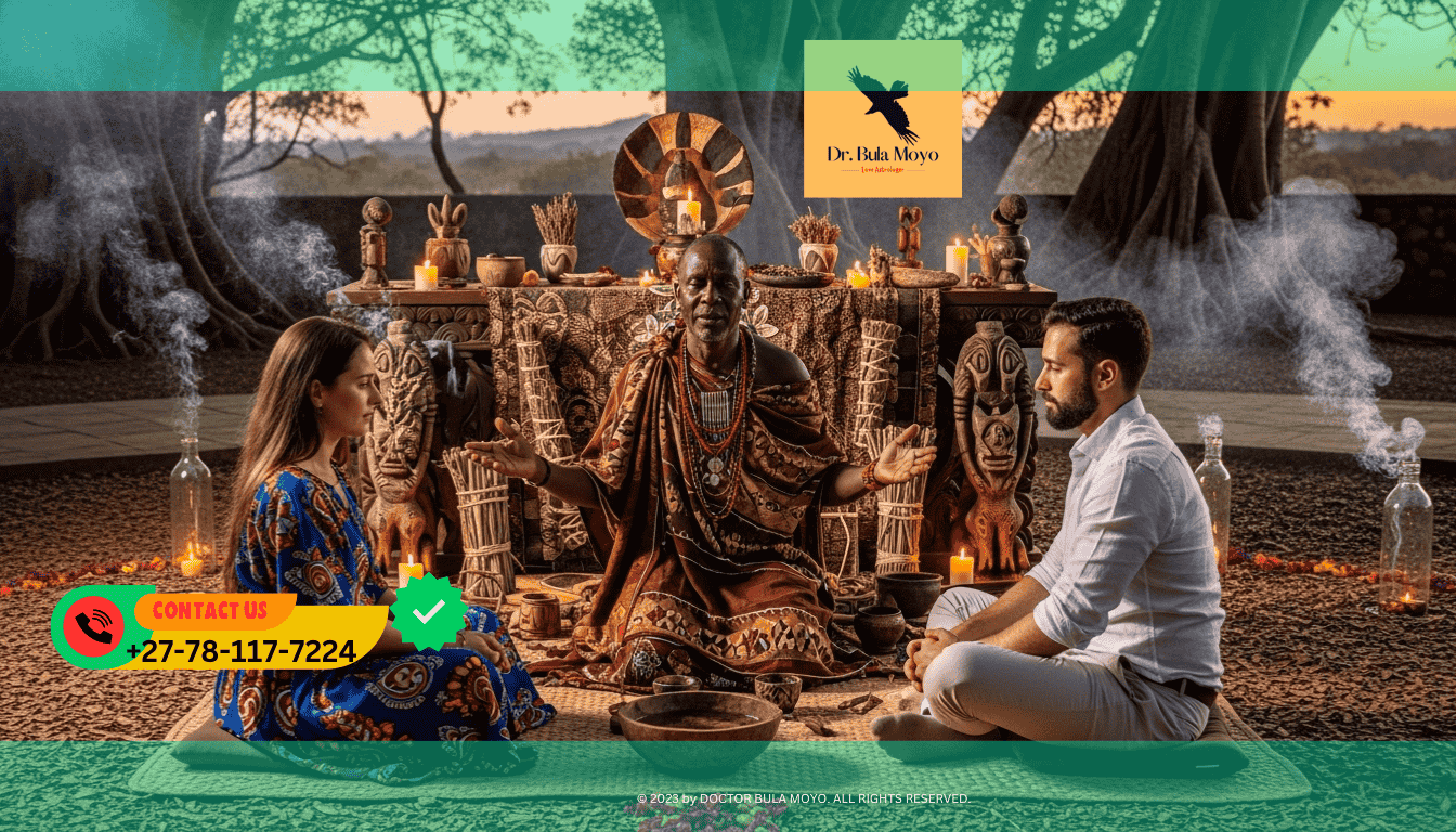 Doctor Bula Moyo leading a spiritual ceremony uniting love and prosperity energies for a couple.