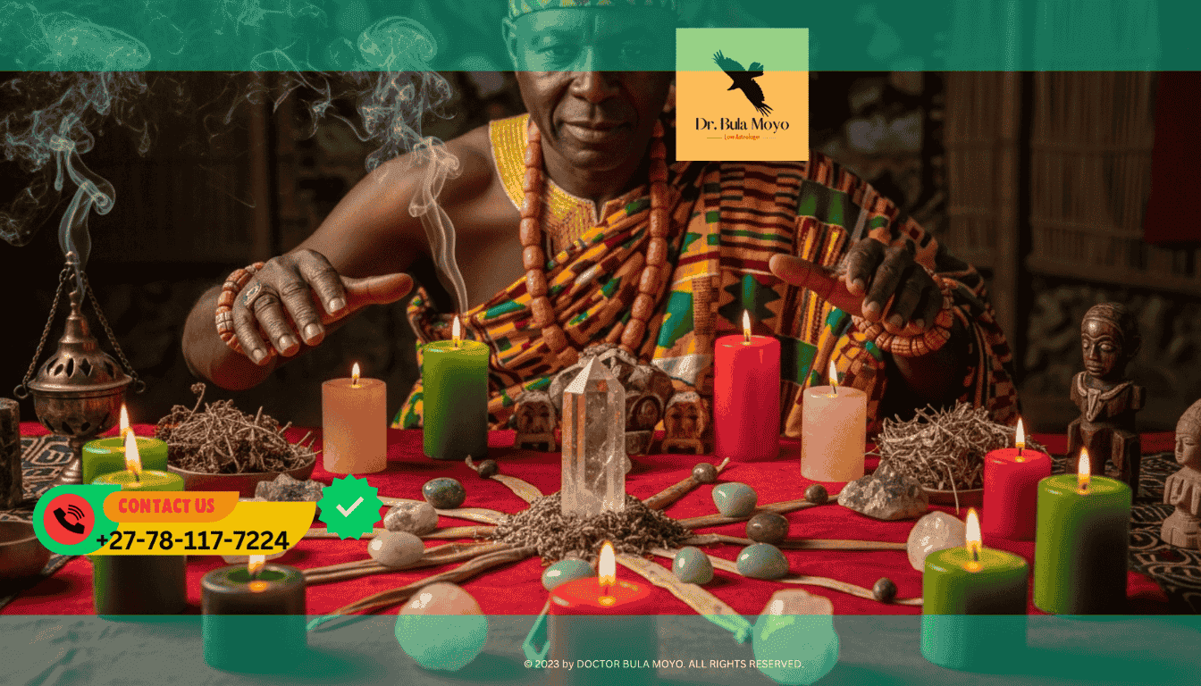 Doctor Bula Moyo performing a spiritual money and love attraction ritual with candles and crystals
