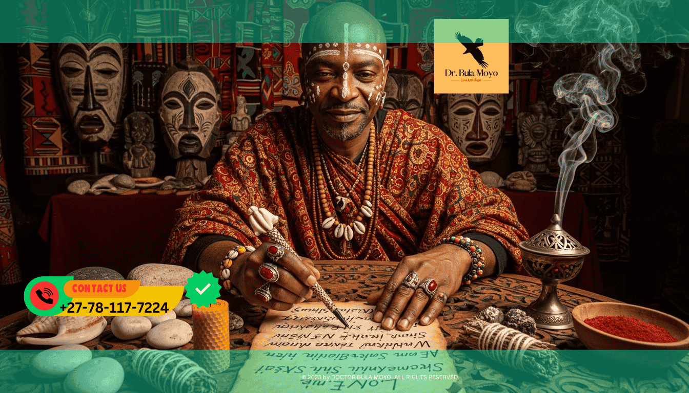 Doctor Bula Moyo performing written love spell ritual using sacred symbols and flame for attraction energy.