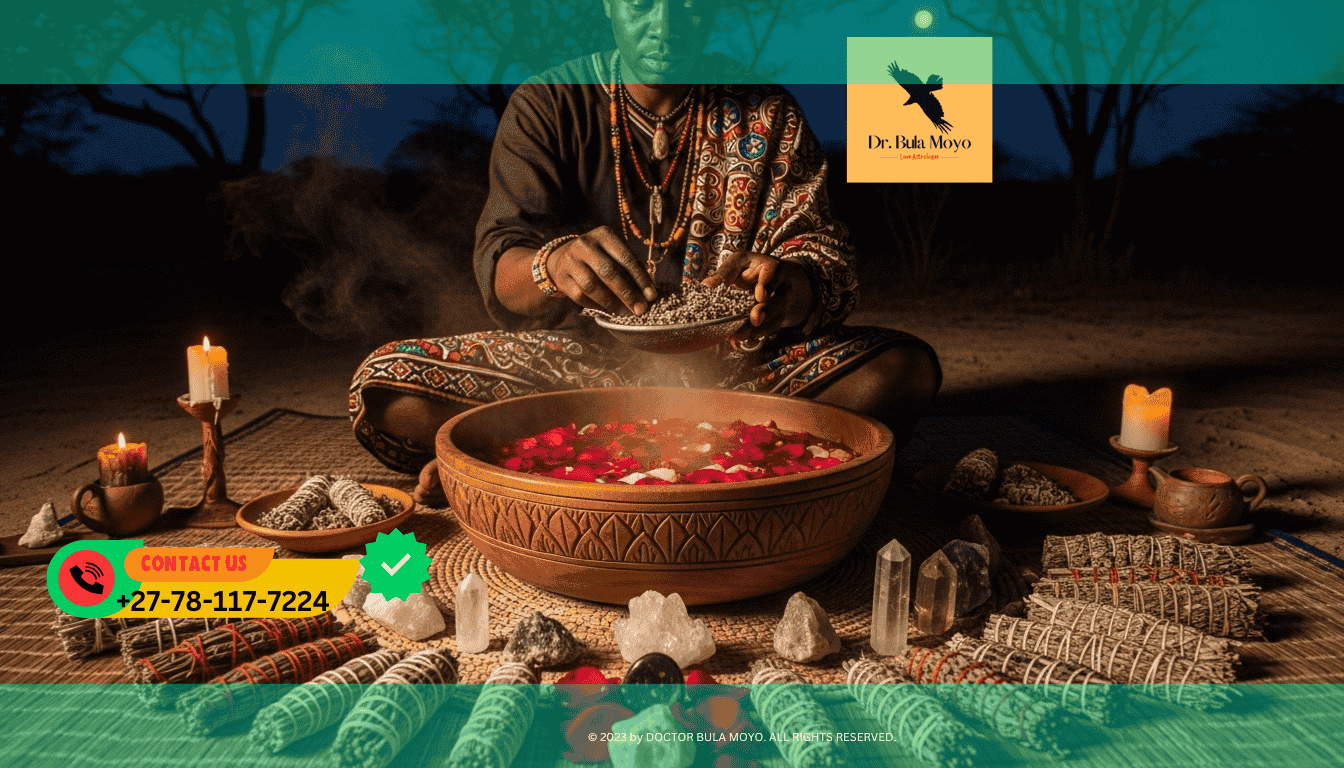 Doctor Bula Moyo preparing spiritual love bath ingredients with roses, herbs, and crystals under moonlight.