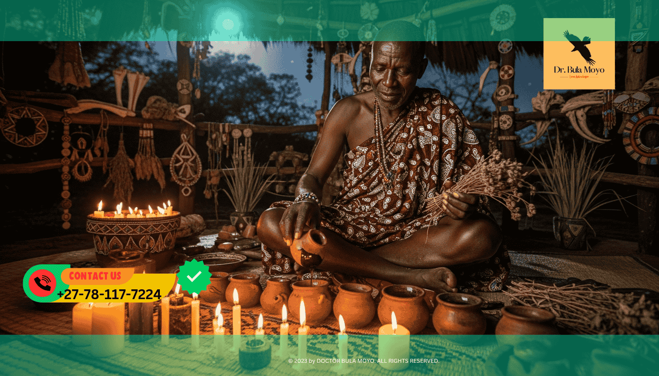 Doctor Bula Moyo preparing telepathic union oils and candles under moonlight for intimacy ritual.