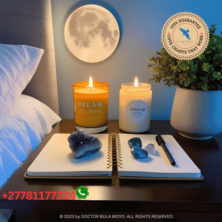 Dream journal with a candle and crystals on a nightstand under moonlight (1)